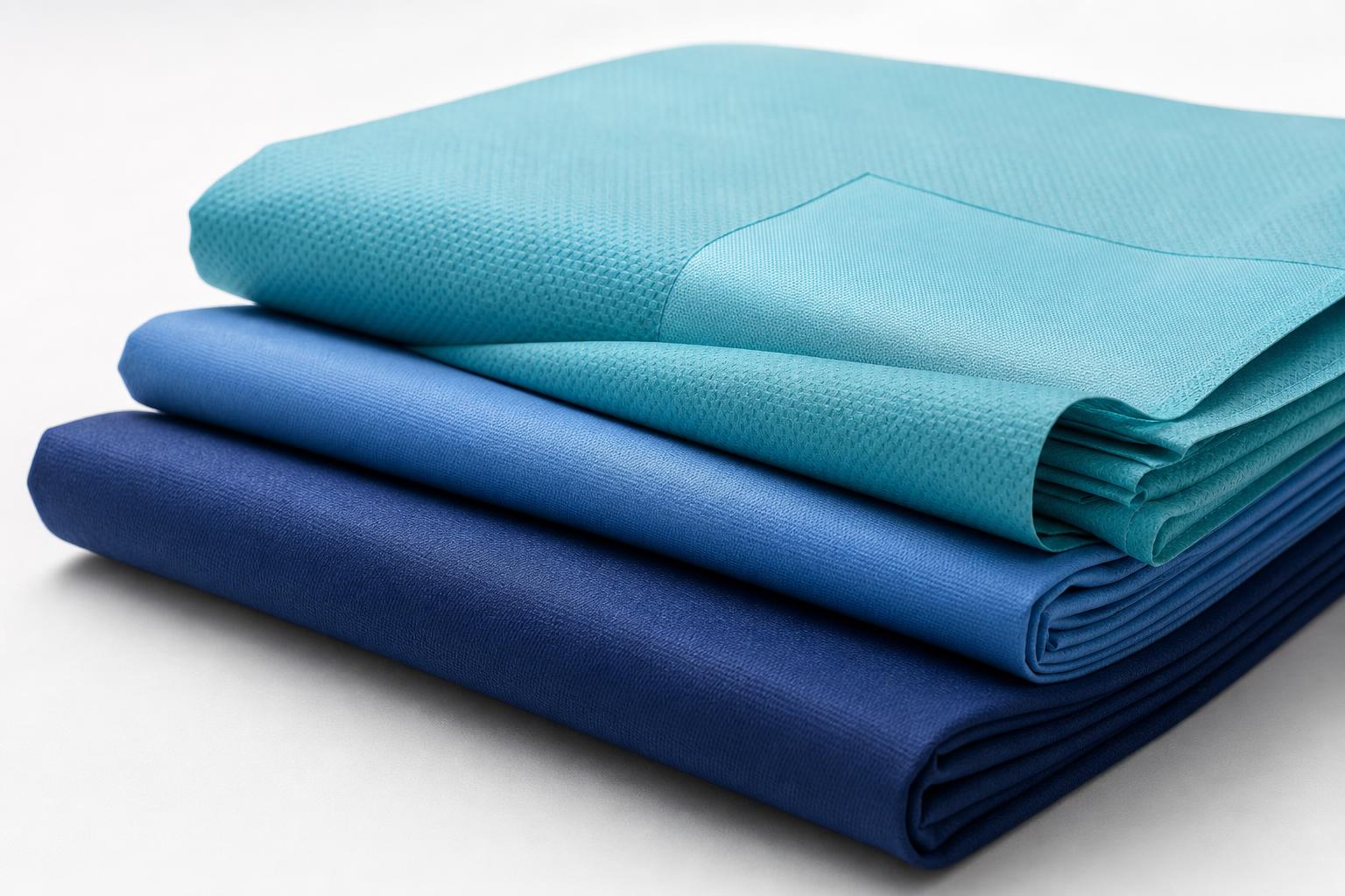 Folded teal and navy surgical drapes — MEDIWEAVE hospital textile range