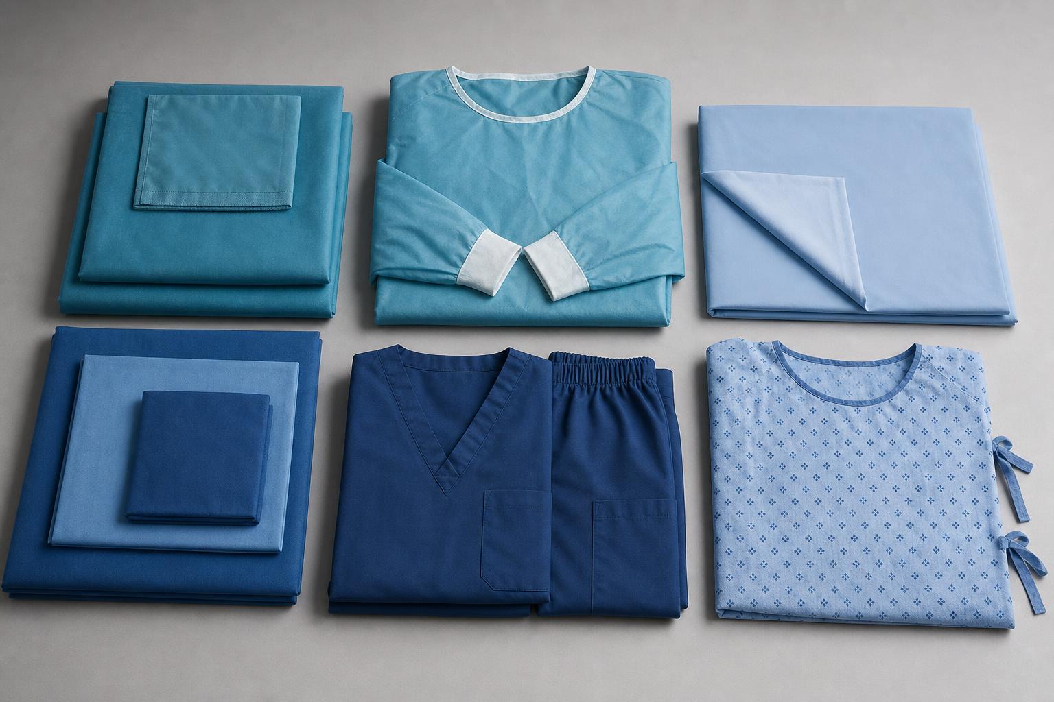 Complete MEDIWEAVE hospital textile lineup — drapes, gowns, scrubs, bedsheets and patient dress